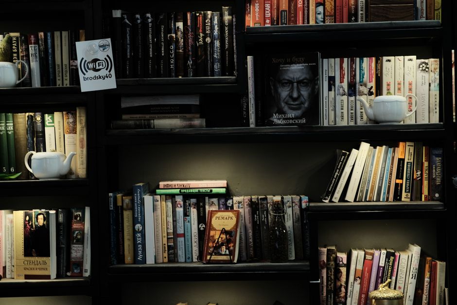 A vibrant display of books on a wooden shelf in a cozy bookstore, showcasing diverse literature.